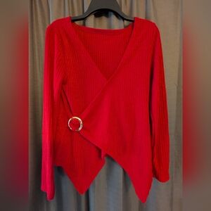 Women's Elegant Red Wrap Top with Ring Detail Sz. M
